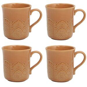 Pioneer Woman Vintage Lace Caramel Ceramic Mugs 4pc Set Stoneware Brown Cups New
